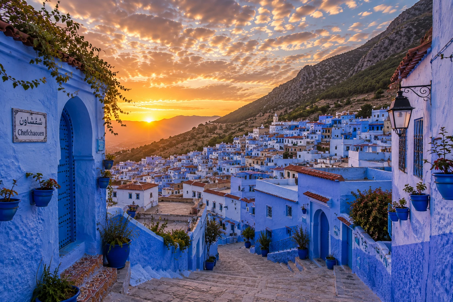 Vue sur les ruelles bleues de Chefchaouen dans les montagnes du Rif
