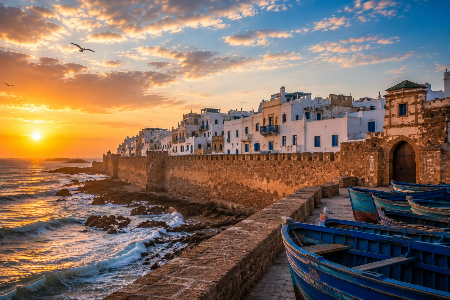 Vue sur les remparts d'Essaouira et la médina blanche face à l'Atlantique