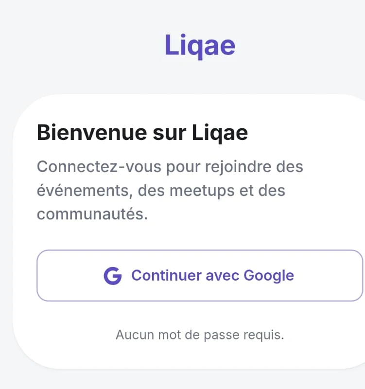 Page d’accueil Liqae avec le bouton « S’inscrire » en indigo au centre