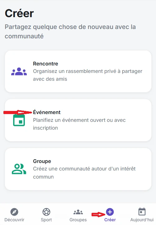 Menu contextuel Liqae avec les options « Créer un événement », « Créer un meetup » et « Créer un groupe »