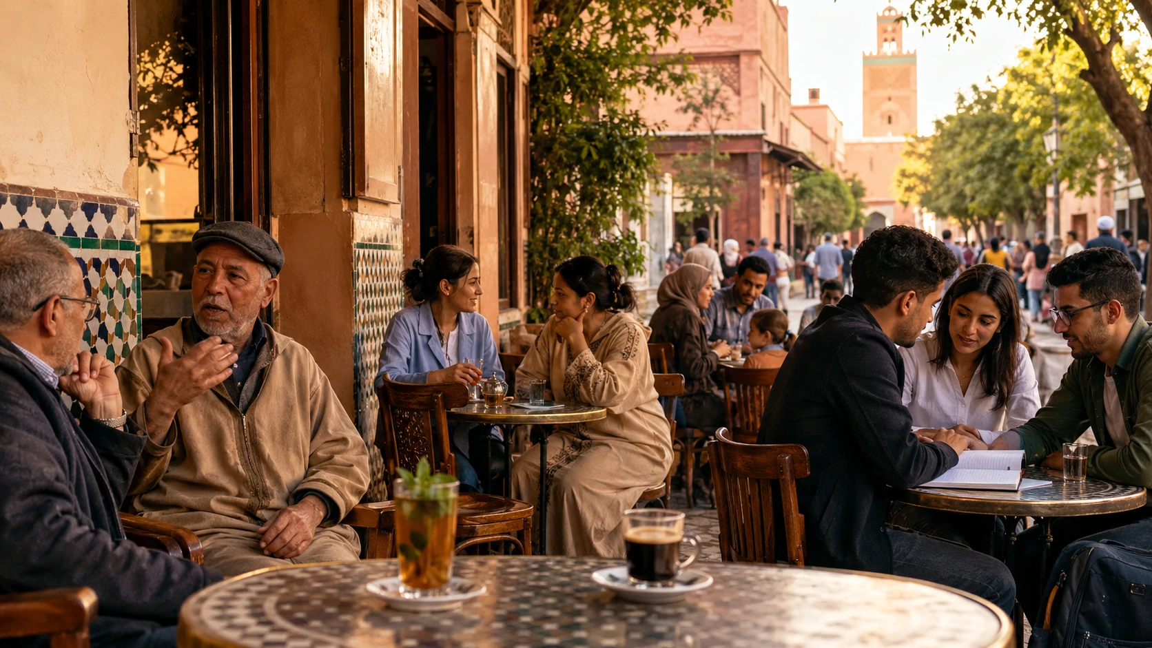 Un café marocain traditionnel avec des tables et des chaises