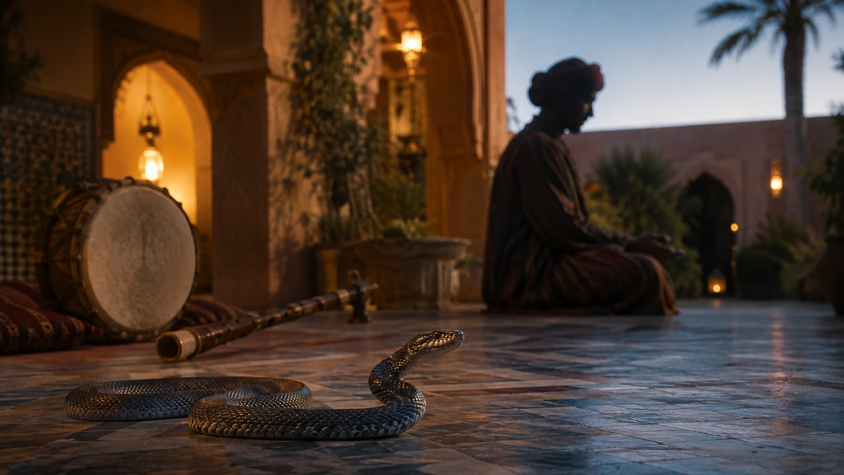 Charmeur de serpents sur une place publique au Maroc