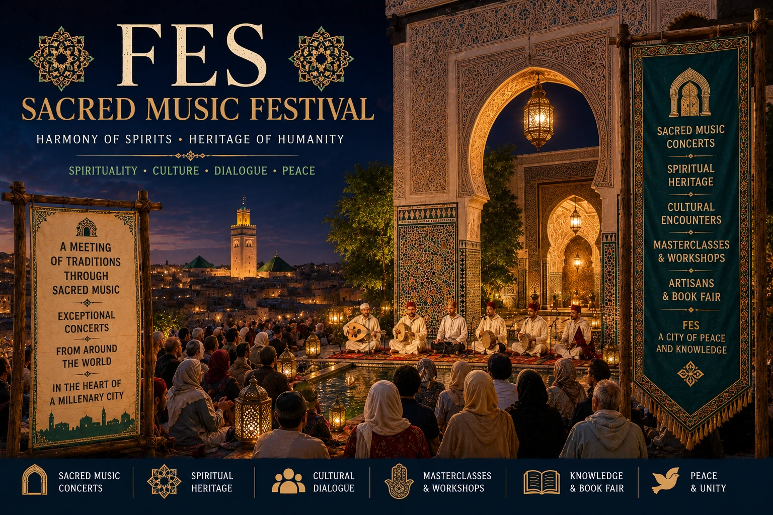 Concert de musique sacrée devant Bab Al Makina illuminé à Fès lors du Festival des Musiques Sacrées