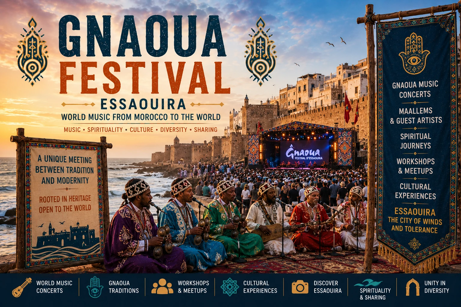 Maâlem gnaoua en robe traditionnelle colorée jouant de la Guembri à Essaouira