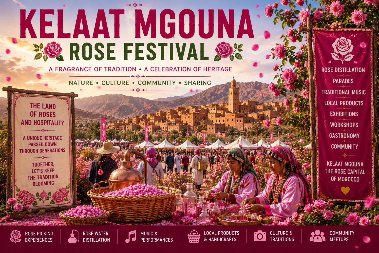 Char fleuri couvert de pétales de roses de Damas lors du défilé de la Fête des Roses de Kelaat M'gouna dans la vallée du Dadès
