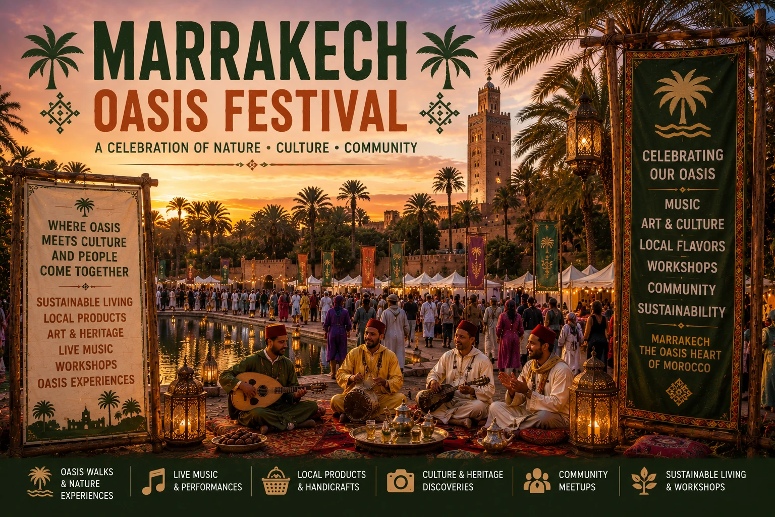 Scène de festival électronique illuminée la nuit avec piscine et palmiers à Marrakech lors de l'Oasis Festival