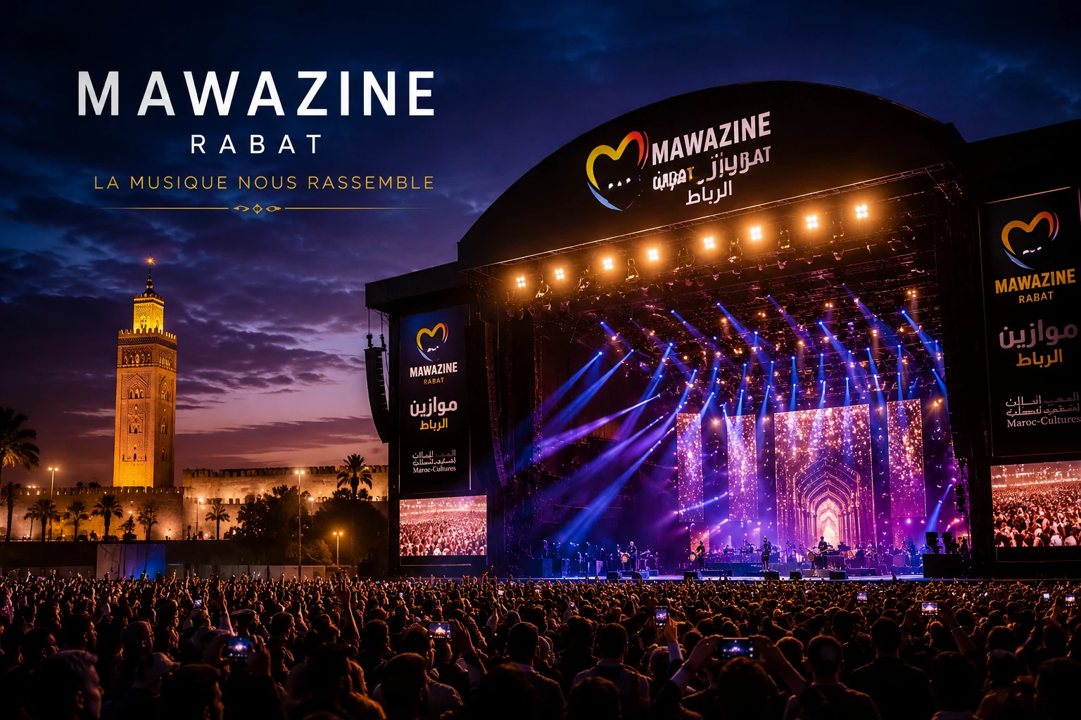 Grande scène illuminée du Festival Mawazine sur les rives du Bou Regreg à Rabat