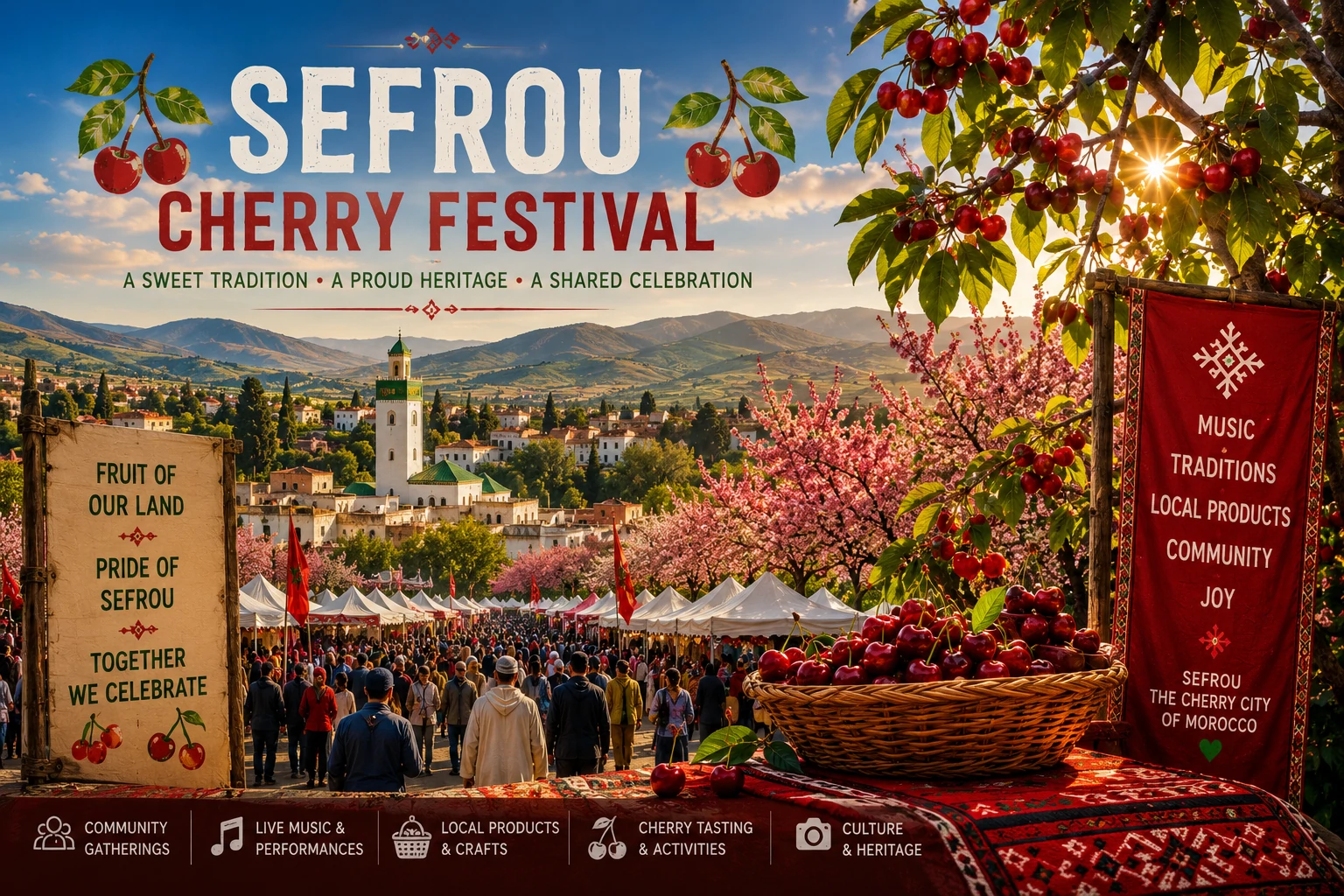 Char fleuri du défilé de la Fête des Cerises de Sefrou avec la Reine des Cerises couronnée