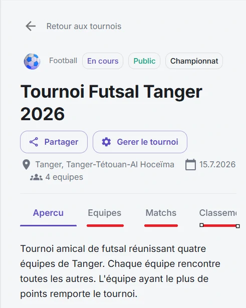 Tableau de bord de gestion d’un tournoi Liqae avec les onglets Équipes, Matchs, Classement et le bouton Modifier