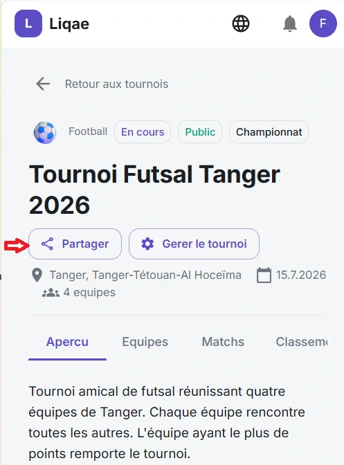 Page de détail d’un tournoi Liqae avec les informations principales et le bouton « Partager »