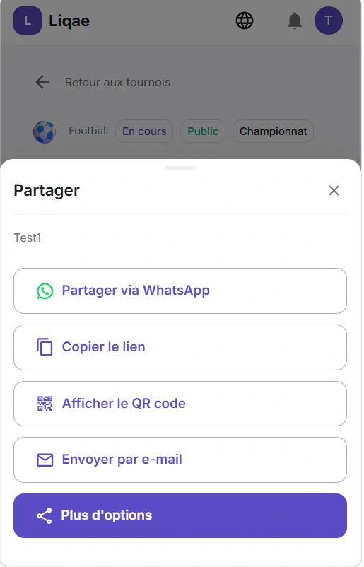 Bouton « Partager » mis en évidence sur la page de détail du contenu Liqae