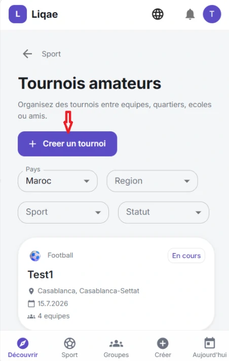 Page liste des tournois Liqae avec le bouton « Créer un tournoi » mis en évidence