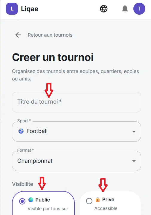 Champs Titre et Type de sport dans le formulaire de création de tournoi Liqae